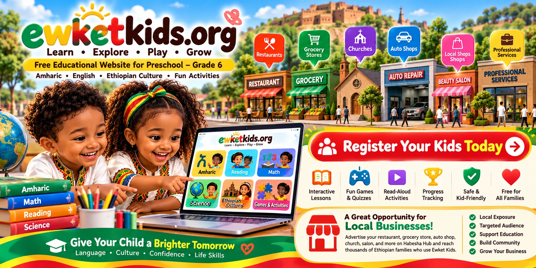 Ewket Kids advertisement: a free educational website for preschool to grade 6 in Amharic and English, inviting restaurants, grocery stores, churches, auto shops, salons and professional services to advertise on Habesha Hub.
